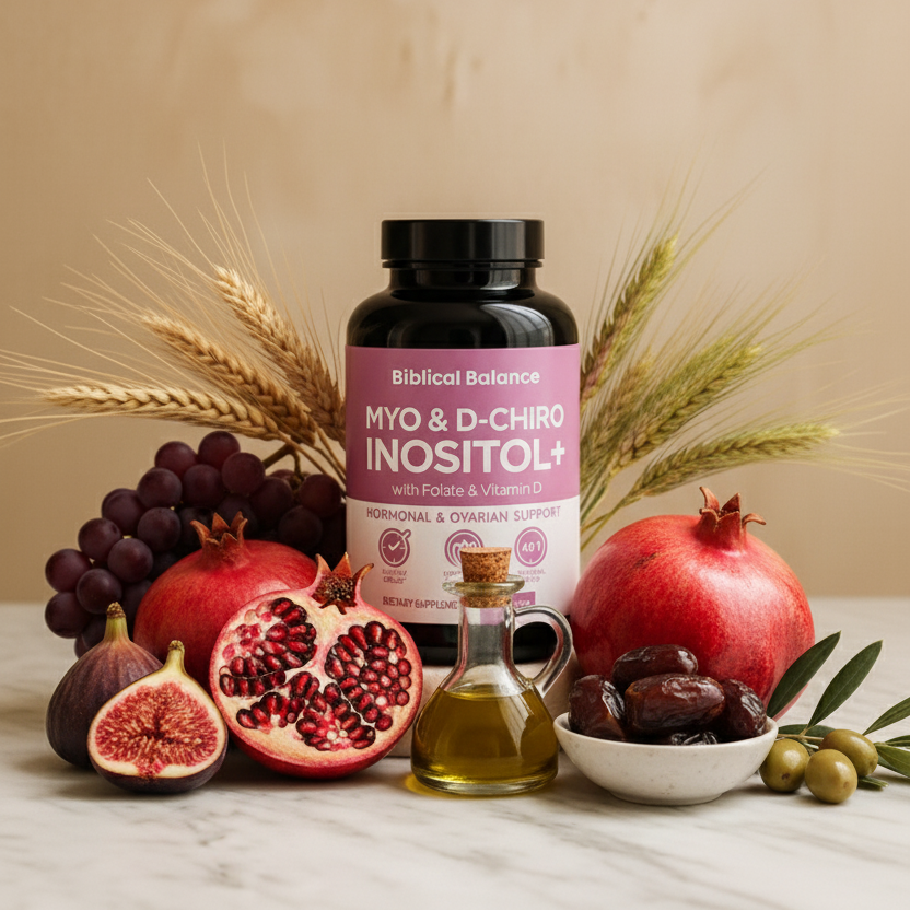 Bottle of Biblical Balance MYO & D-Chiro Inositol+ surrounded by fruits and grains on a neutral background